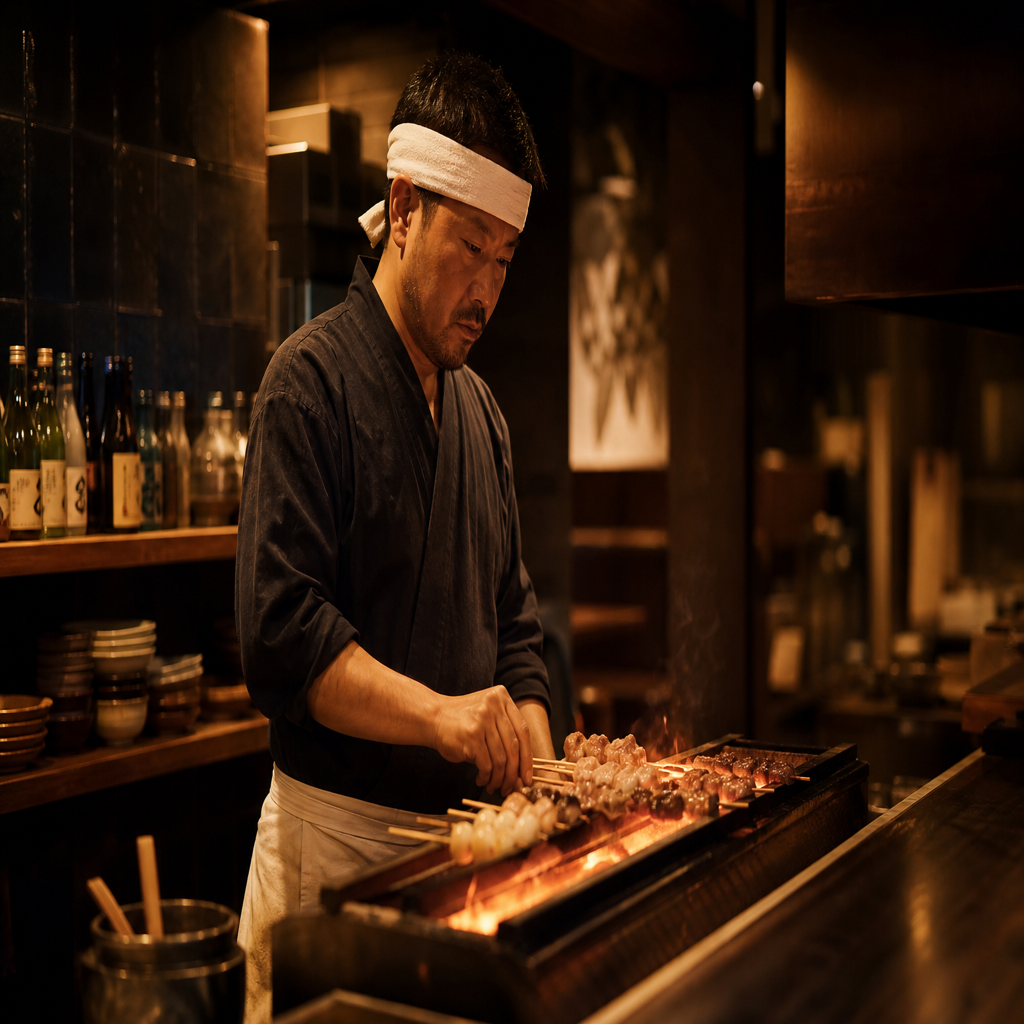 炭火焼きコンロの前に立つ和食職人の姿。白い和帽子をかぶり真剣な表情で焼き加減を見ている。