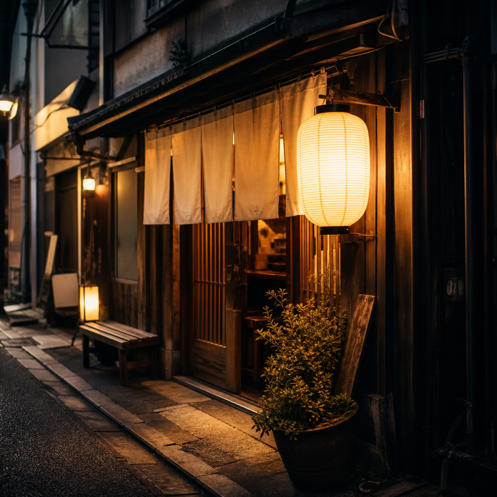 夜の路地に暖簾と提灯が灯る店舗外観。