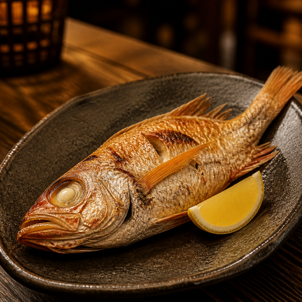 のどぐろの塩焼き。脂がのった身に焦げ目がついた寄りの写真。