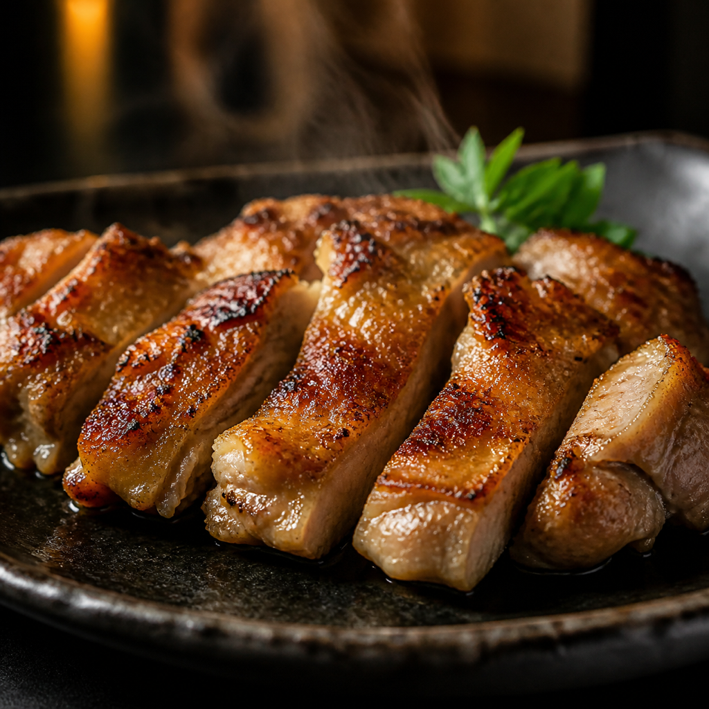 大山鶏の炭火焼き。皮はパリッと焼き目がつき、断面から肉汁があふれる寄りの写真。