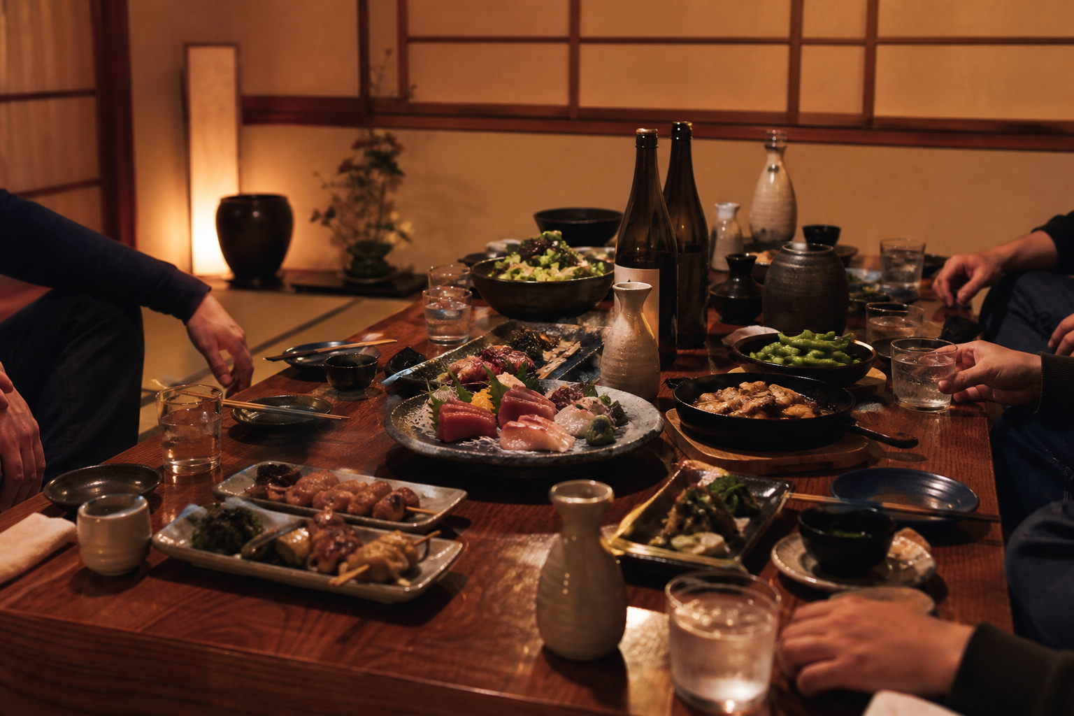 掘りごたつ個室で大皿料理を囲む宴会の様子。賑やかで温かい雰囲気。